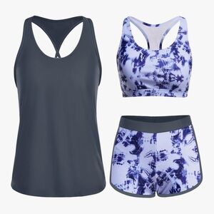 Women's Tie-Dye Swim Sports Bra and Swim Shorts Set with Swim Tank Top